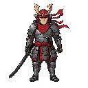 draw a samurai with red scarfs and metalic armor and red nonla in head  with black long katana