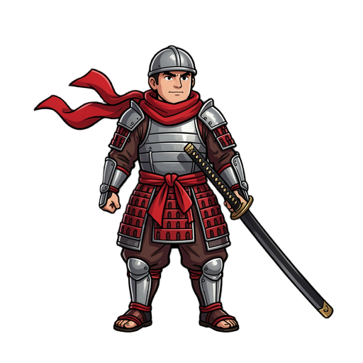 draw a samurai with red scarf and metalic armor and red nonla and black long katana from the right side