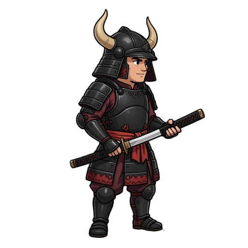 right facing samurai with horned black helmet and black metalic armor with red cloth detail holding a block katana