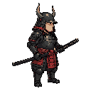 right facing samurai with horned black helmet and black metalic armor with red cloth detail holding a block katana