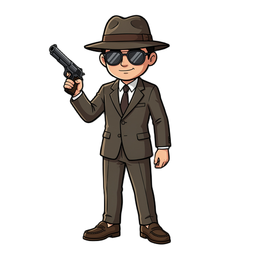 espía con traje lentes sombrero zapatos de mocasin y armado con una pistola 
