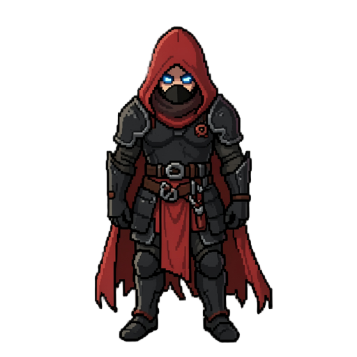 2d pixel warrior, calm and powerful, black armor, red cloak, , soft aura