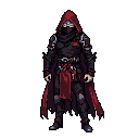 2d pixel warrior, calm and powerful, black armor, red cloak, , soft aura