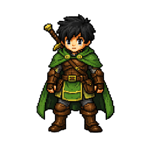 a character with black hair, wearing leather armour and a green cloak. with a sword on his back