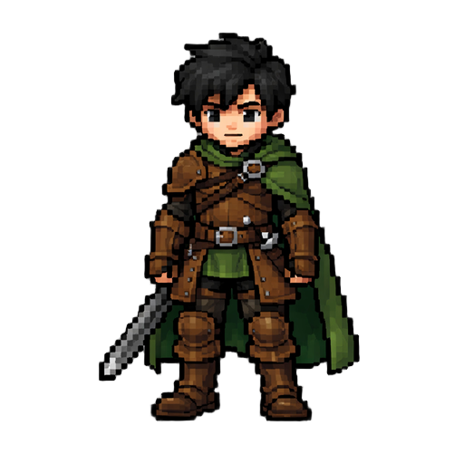 a character with black hair, wearing leather armour and a green cloak. with a sword on his hip 