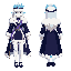 tsaritsa from genshin impact, minecraft skin, front and back view, white silver long hair, ice blue crown tiara, dark navy blue royal dress with white fur trim, purple sash, white thigh high stockings with diamond pattern, dark blue shoes, pale cool skin,