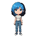 crea un personaje femenino de cabello azul con mechones de cabello negro, que sea delgada, y ropa casual. que sea de cuerpo chico pero muy cabezona, con la cabeza grande y cuerpo chico que el cuerpo total sea del tamaño de una cabeza