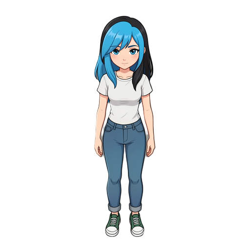 crea un personaje femenino de cabello azul con mechones de cabello negro, que sea delgada, y ropa casual