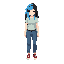 crea un personaje femenino de cabello azul con mechones de cabello negro, que sea delgada, y ropa casual