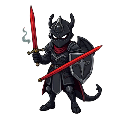 um cavaleiro negro, de armadura escura em forma draconica, bem ornamentada porem toda escura,segura sua espada vermelha exalando vapor da lamina, cusa capa parece esvaecer no tempo