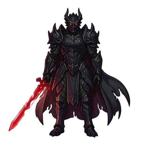 um cavaleiro negro, metroidvania pose, run asset, de armadura escura em forma draconica, bem ornamentada porem toda escura,segura sua espada vermelha exalando vapor da lamina, cusa capa parece esvaecer no tempo