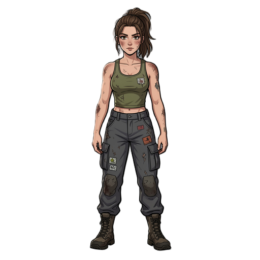 female survivor, post-apocalyptic aesthetic, olive green tank top, dark grey cargo pants with patches, tactical boots, messy brown ponytail, realistic body proportions, gritty texture.