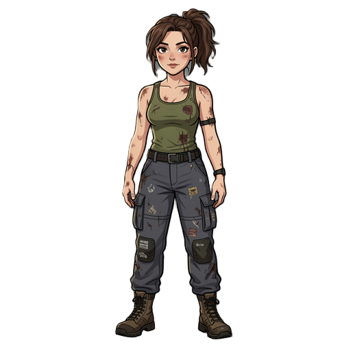 female survivor, post-apocalyptic aesthetic, olive green tank top, dark grey cargo pants with patches, tactical boots, messy brown ponytail, realistic body proportions, gritty texture.