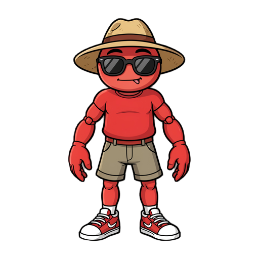 a humanoid crab with sunglasses, straw hat and sneakers
