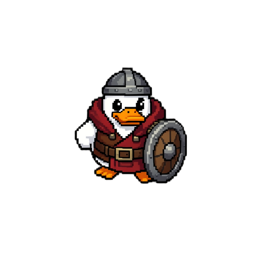 pixelated duck viking warrior with a shield, from the side