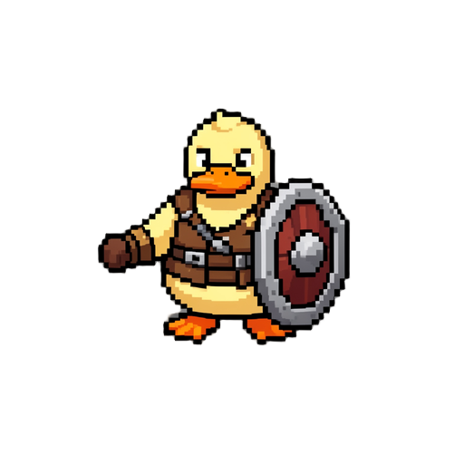 pixelated duck viking with a shield, from the side