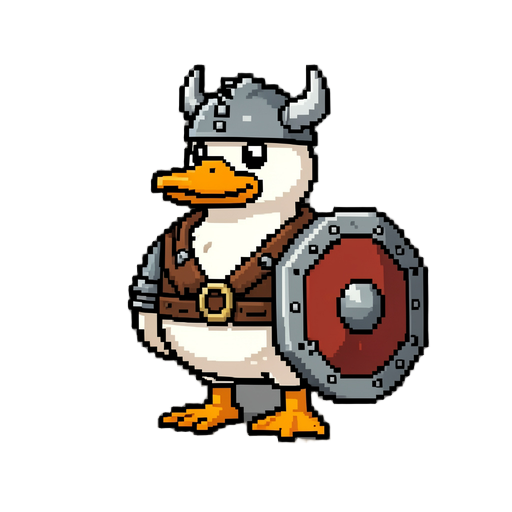 pixelated duck viking with a shield, from the side