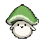 cute green mushroom character, round white body, large green pointed cap, small dot eyes, simple face, chibi style, front facing