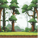 a 2d parallax background layer with only stylized forest trees, no ground or platforms. distant look with soft colors, low detail, and slight fog for depth. seamless horizontal tiling, soft lighting, high resolution, suitable for a mario-style platformer 
