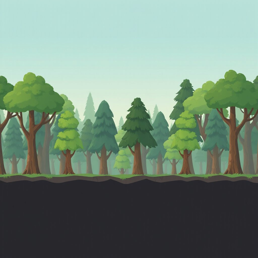 a 2d background with distant forest trees, designed for parallax. trees should appear far away, with soft colors, low detail, and slight blur for depth. include a subtle sky gradient. no ground or platforms. seamless horizontal tiling, clean style, high r