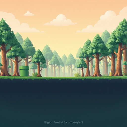 a 2d parallax background layer with only stylized forest trees, no ground or platforms. distant look with soft colors, low detail, and slight fog for depth. seamless horizontal tiling, soft lighting, high resolution, suitable for a mario-style platformer 