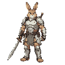a heroic anthropomorphic rabbit warrior, standing upright, with a determined expression. he wears light battle armor with a mix of fantasy and modern elements, carries a weapon (sword or staff), and has a slightly worn, battle-ready look. his fur is detai