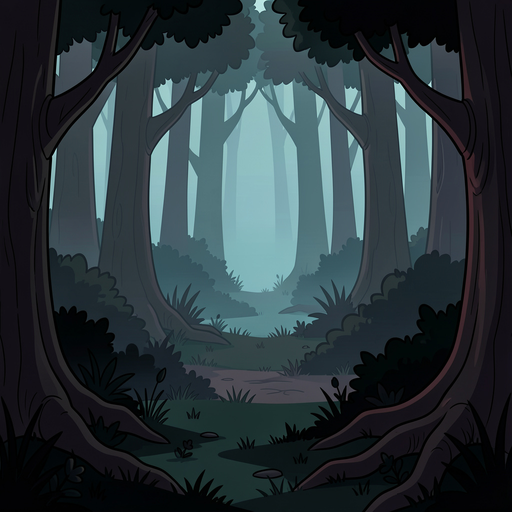a 2d side-scrolling forest background designed for parallax effect, composed of multiple depth layers. the scene features a stylized, slightly dark and atmospheric forest environment. the foreground includes silhouettes of grass, bushes, tree roots, and s