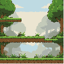 a 2d side-scrolling forest background for a mario-style platformer, designed for parallax effect. multiple layers: foreground with grass and plants, midground with trees, and background with distant forest, fog, and soft sky gradient.  each layer must hav