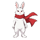 a heroic anthropomorphic white rabbit, standing upright, with a determined and slightly serious expression. he does not wear any armor, having a simple and clean appearance. he wears a long red scarf that flows dramatically in the wind, symbolizing his jo