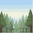 a 2d background with distant forest trees, designed for parallax. trees should appear far away, with soft colors, low detail, and slight blur for depth. include a subtle sky gradient. no ground or platforms. seamless horizontal tiling, clean style, high r