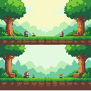 a 2d side-scrolling forest background for a mario-style platformer, designed for parallax effect. multiple layers: foreground with grass and plants, midground with trees, and background with distant forest, fog, and soft sky gradient.  each layer must hav