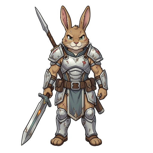a heroic anthropomorphic rabbit warrior, standing upright, with a determined expression. he wears light battle armor with a mix of fantasy and modern elements, carries a weapon (sword or staff), and has a slightly worn, battle-ready look. his fur is detai