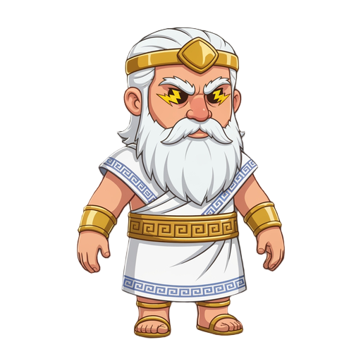 personagem inspirado no deus grego zeus, com cabelos e barba brancas, roupas gregas brancas e raios nos olhos