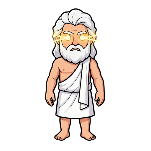 personagem inspirado no deus grego zeus, com cabelos e barba brancas, roupas gregas brancas e raios nos olhos