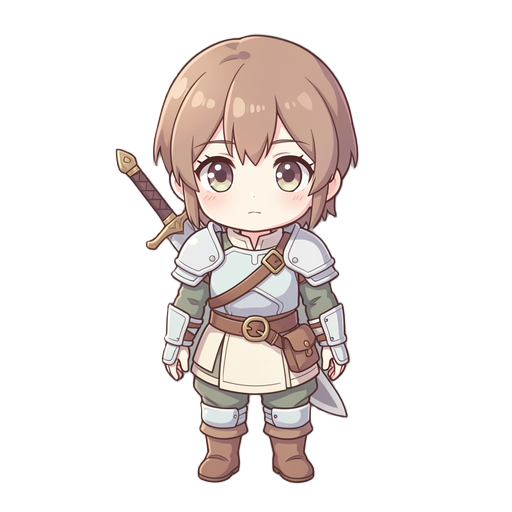 chibi anime rpg hero, young beginner adventurer, light armor, short sword on back, simple fantasy clothes, soft pastel color palette, big expressive eyes, clean lineart, 2d sprite game character, front view, idle stance, highly detailed, smooth shading, n