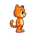 the cat is orange in color, in a cartoon style. the cat is standing in a 2d platform style. the cat is not wearing any clothes. the cat is seen from the side.