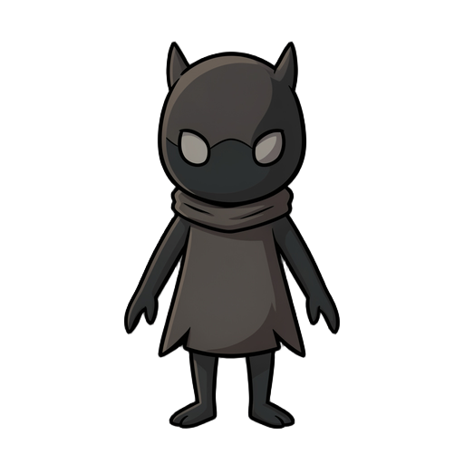 create a 2d character in a dark fantasy style inspired by hollow knight. the character should have a small, mysterious, insect-like or creature-like appearance, with a simple yet expressive mask or face (minimalistic eyes, no mouth or subtle features). us