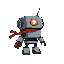 small robot made of scrap, simple cute design, one glowing eye, red scarf, game character
