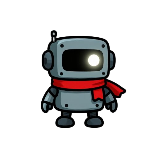 small robot made of scrap, simple cute design, one glowing eye, red scarf, game character