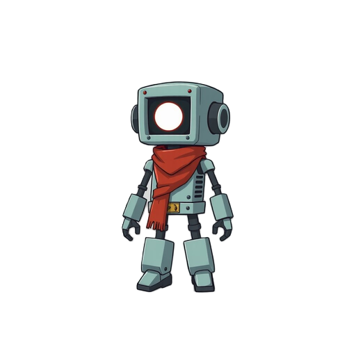 small robot made of scrap, simple cute design, one glowing eye, red scarf, game character