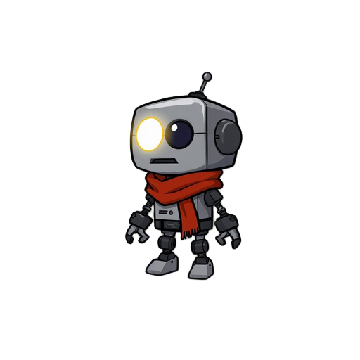small robot made of scrap, simple cute design, one glowing eye, red scarf, game character
