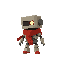 small robot made of scrap, simple cute design, one glowing eye, red scarf, game character