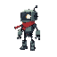small robot made of scrap, simple cute design, one glowing eye, red scarf, game character