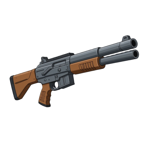fps shotgun, doom style, first-person view, weapon facing forward toward the enemy, slight horizontal angle showing one side of the weapon, centered perspective, subtle 3/4 view, foreshortening effect