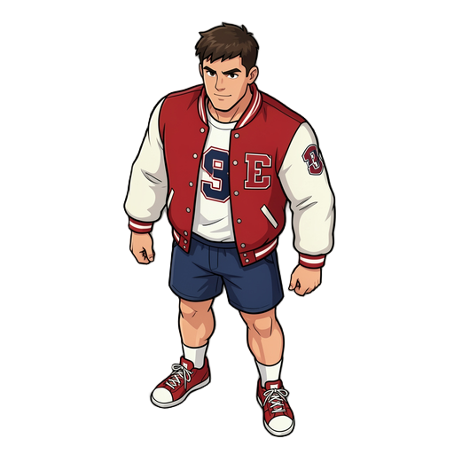 top-down slightly angled view, high school athlete, broad shoulders, sporty varsity jacket, number shirt, wrist sweatbands, sneakers, confident posture, strong build