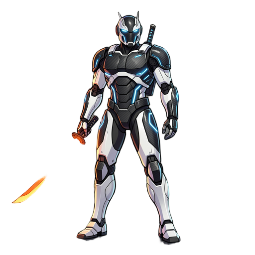 a full-body shot of a sleek, advanced robot samurai standing on a neon-lit rain-slicked tokyo street at night. cyberpunk aesthetic. the armor is a mix of polished white and matte black carbon fiber with integrated blue led light strips. holding a high-tec