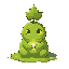 the tiny sprout guardian: a small, plump creature made entirely of soft, bright green moss, with large, curious yellow eyes and a single, perfect maple leaf sprout growing from its head. it is sitting on a dew-covered forest floor, holding a tiny glowing 
