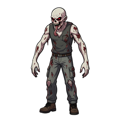 parasitic vampire infected humanoid, full body side view, hunched predatory pose, pale hairless corpse-like skin, long arms, clawed hands, sunken black-red eyes, split mouth, short fleshy throat proboscis, torn modern urban clothes, diseased outbreak horr