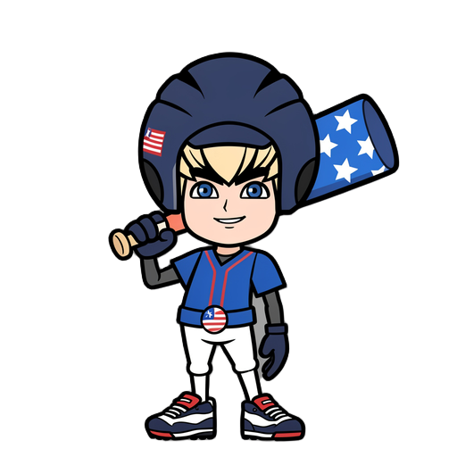 this is a character concept sheet for a 2d game. a baseball player, anime cartoon style, thick black outlines, flat colors, full body, facing forward, wearing a blue and white uniform, holding a bat