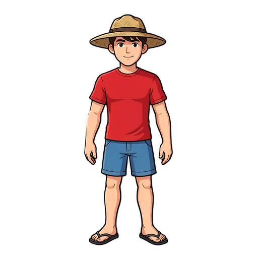 a hero with a red t-shirt, blue shorts, a flip-flop on his foot and a straw hat in his head.